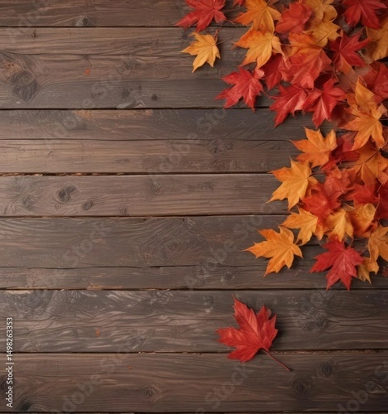 Fototapeta Vibrant red and orange maple leaves scattered on rustic wood ,  nature,  photography,  design element