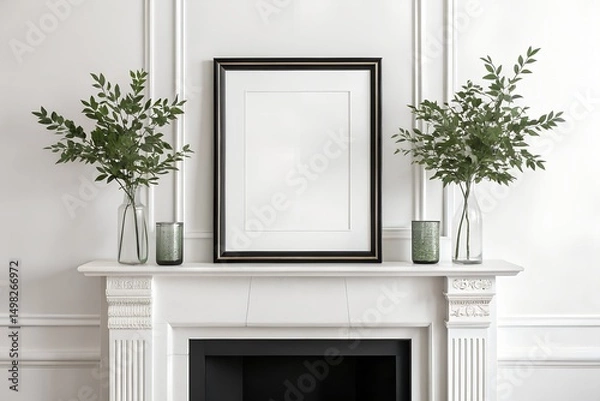 Fototapeta Elegant fireplace mantel decor with black frame and greenery