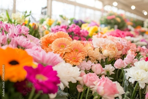 Obraz A bright bustling flower market. Generative AI