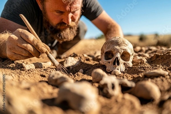 Obraz An archaeologist carefully excavating fossilized bones. Generative AI