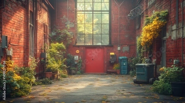 Obraz Serene Autumnal Courtyard: A Red Brick Haven
