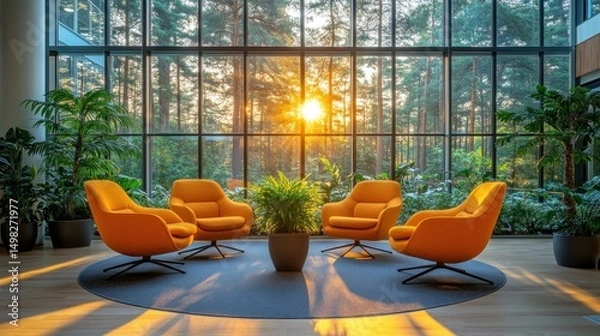 Obraz Sunset Serenity: Modern Lounge with Forest View
