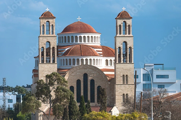 Obraz Church of Agion Anargyron rising in Paphos, Cyprus, under blue sky