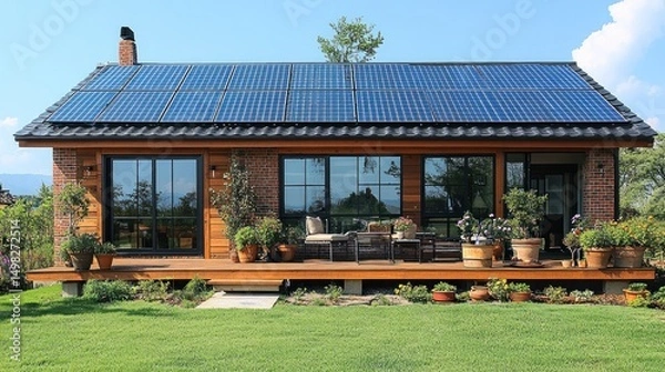 Obraz Eco-Friendly Brick House with Solar Panels and Deck