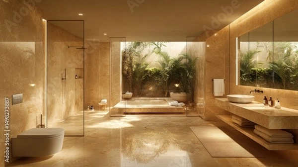 Obraz Luxurious Beige Bathroom with Garden View