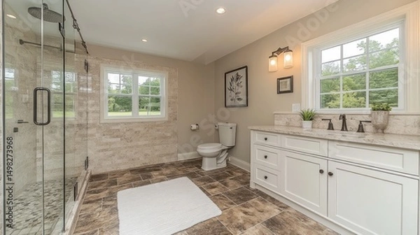 Obraz Luxury Master Bathroom with Walk-in Shower and Granite Vanity