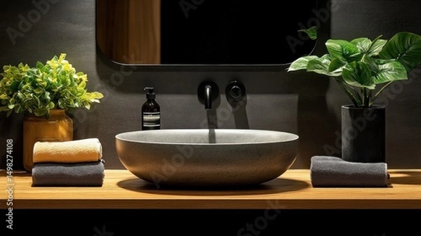 Obraz Modern Minimalist Bathroom Design: Serene Grey Sink and Lush Greenery