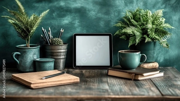 Obraz Serene Workspace: Tablet, Plants, and Coffee on Rustic Wooden Desk