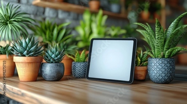 Obraz Tablet Mockup with Succulents and Plants on Wooden Table