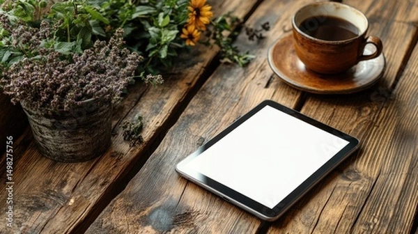 Obraz Relaxing Morning with Coffee and Tablet on Rustic Wooden Table