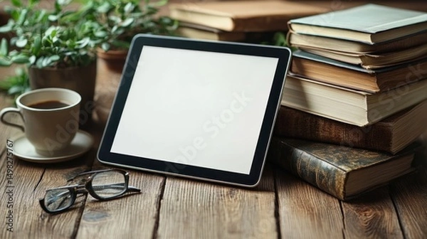Obraz Cozy Reading Nook: Tablet, Books, Coffee, and Plants