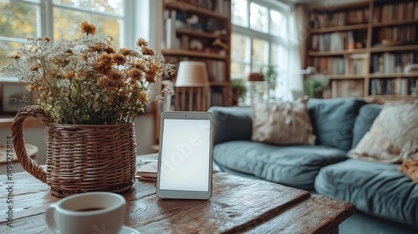 Obraz Cozy Autumn Home Interior with Tablet and Flowers