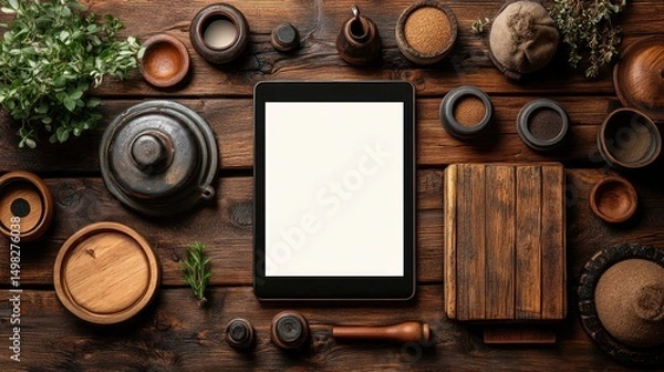 Obraz Tablet Mockup on Rustic Wooden Table with Herbs and Spices
