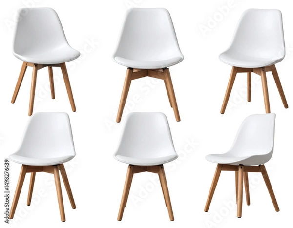 Fototapeta Six white plastic chairs with light wood legs, arranged in rows