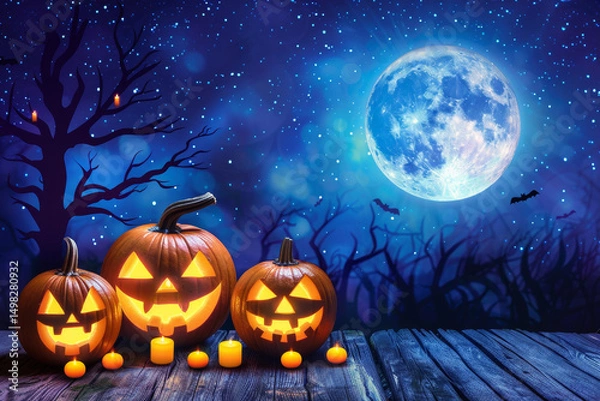 Obraz A Spooky Halloween Scene Featuring JackoLanterns Underneath a Bright Full Moon