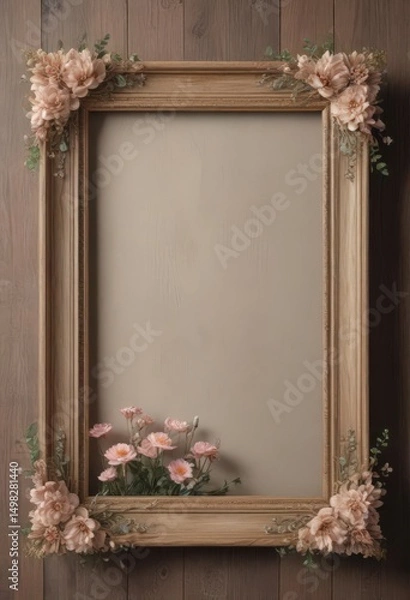 Obraz Creamy pastel artificial blooms, aged wooden frame, artificial flower wall, arrangement, white