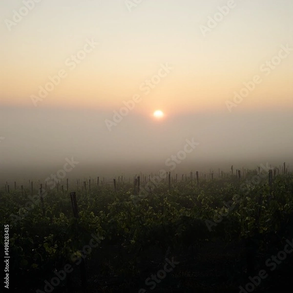 Obraz Serene vineyard at sunrise fog gently lifting soft haze enveloping sun casting warm glow over lush green vines