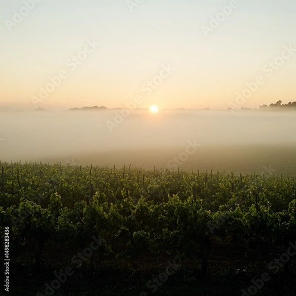 Obraz Serene vineyard at sunrise fog gently lifting soft haze enveloping sun casting warm glow over lush green vines