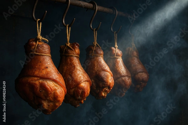Obraz smoked pork knuckles hang in a row on metal hooks in a smokehouse