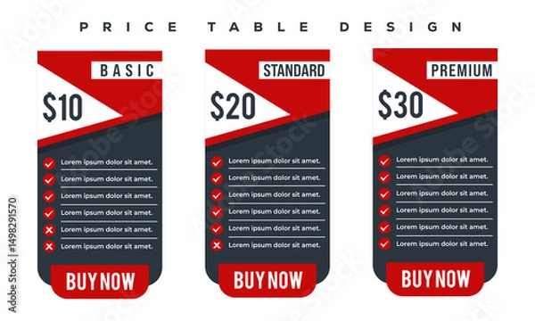 Fototapeta Price Table Design Set – Basic, Standard, and Premium Plans