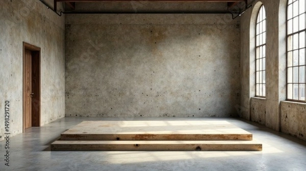Fototapeta Rustic Industrial Interior with Elevated Wooden Platform and Large Windows Ideal for Product Display or Presentation