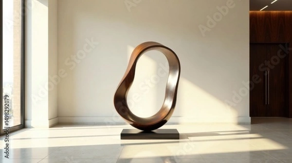 Fototapeta Contemporary Abstract Wooden Sculpture in Modern Interior Space with Sunlight Streaming Through Large Window