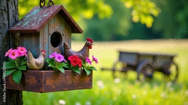 Fototapeta Rustic birdhouse with charming ceramic hens and vibrant flowers adorning a weathered wooden structure in a tranquil garden setting.