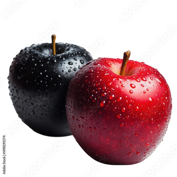 Fototapeta Red and black apples with water drops isolated on transparent background