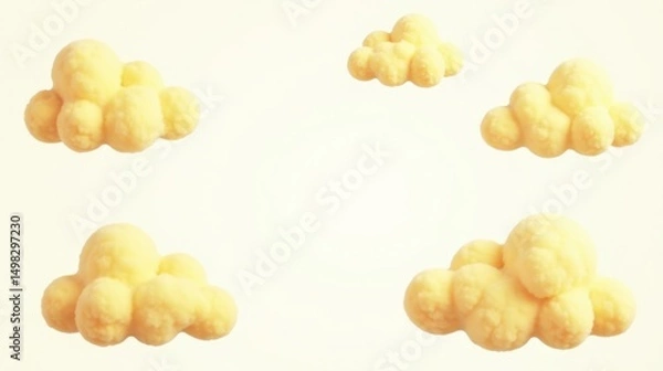 Fototapeta Fluffy Yellow Clouds Floating on a White Background A Dreamy, Peaceful Image Perfect for Relaxation and Calmness