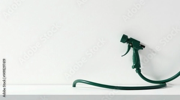 Fototapeta Dark Green Hose Nozzle on a White Surface with Ample Copy Space