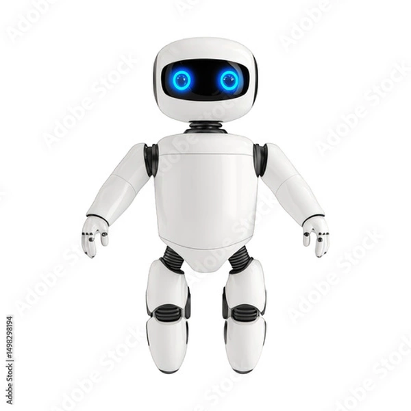 Fototapeta Small cute white robot with friendly blue expression