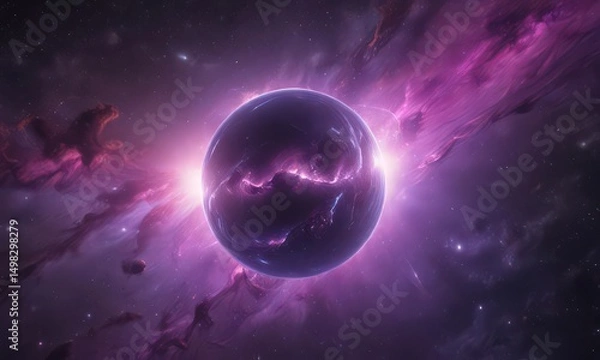 Fototapeta Glowing orb floats in swirling purple nebula, cosmic dust , orb, space