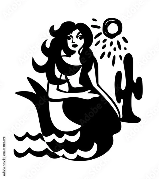 Obraz Mermaid, sun and cacti. Brazilian cordel style. Woodcut illustration