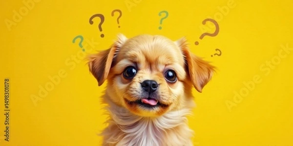 Fototapeta A Curious Puppy Posing Against a Vibrant Yellow Background, Question Marks Hovering Above Its Head, Evoking a Sense of Wonder and Playfulness
