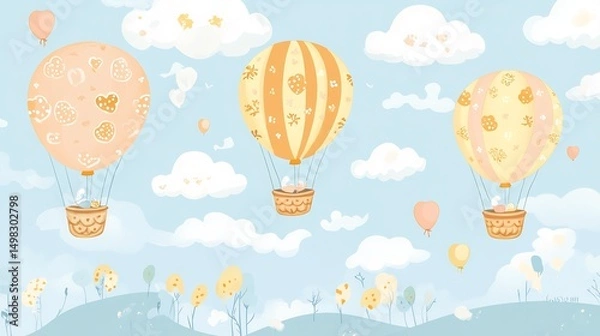 Obraz Baby wishcard soft clouds pastel balloons and a peaceful nursery theme text free style