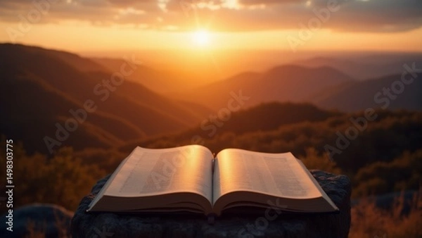 Fototapeta open book resting rock beautiful landscape background book open page text pages slightly curled sun setting distance casting warm orange glow over mountains sky filled clouds trees shrubs scattered