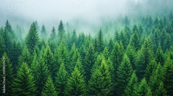 Obraz Dense evergreen forest shrouded in a light mist