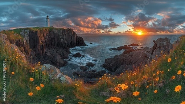 Obraz Dramatic sunset over coastal cliffs with lighthouse and wildflowers