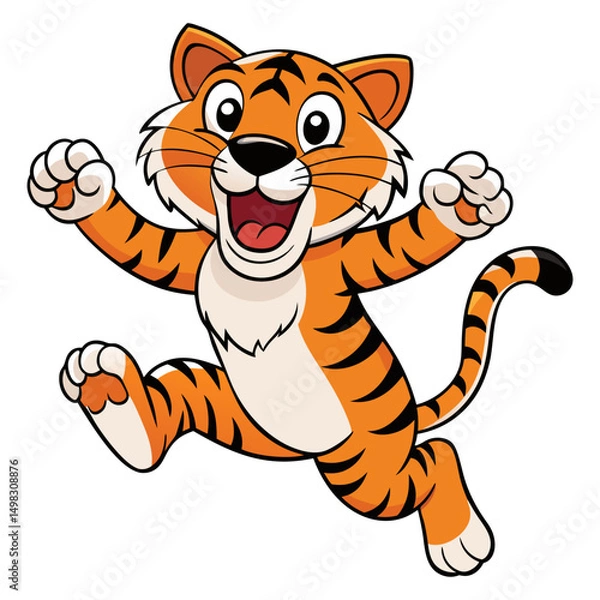 Obraz Cute cartoon tiger jumping isolated on white background. Vector illustration.