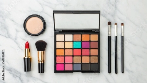 Fototapeta This top-down view captures a complete beauty kit, featuring a multi-shade eyeshadow palette with a pop of turquoise, a skin-tone powder compact, a bold red lipstick, and precision brushes