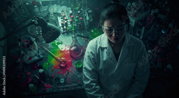 Fototapeta Frustrated Female Scientist in Chaotic Dark Chemistry Laboratory - Failed Experiment
