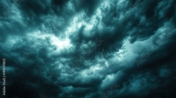 Obraz A dramatic, dark storm cloud filled with lightning and rain.  A powerful, ominous sky with intense weather
