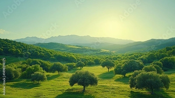 Obraz Lush green valley with mountains in the background