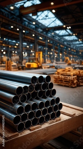 Fototapeta Industrial steel pipes stacked on wooden pallet in large manufacturing warehouse with high ceiling, metal fabrication facility background with machinery and timber supplies