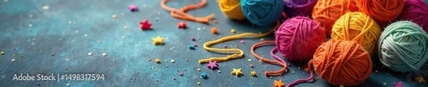 Fototapeta Vibrant rainbow-colored yarn balls scattered on a textured surface, creating a playful and artistic composition Perfect for craft, hobby, and textile projects , thread yarn, hobby supplies, textile
