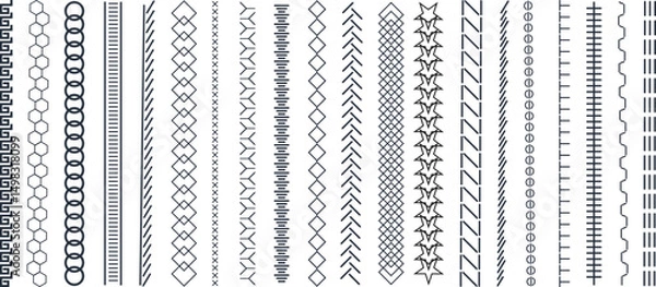 Fototapeta Vertical seamless stitches. Black embroidery zigzag, line and fringe border stitch patterns for textile design, sewing elements. Vector isolated set. Sewing machine endless seam, stitching dividers.