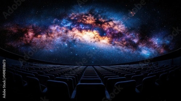 Obraz Immersive space theater experience.  Vast expanse of stars and galaxy, projected onto a dome, with rows of dark theater seats