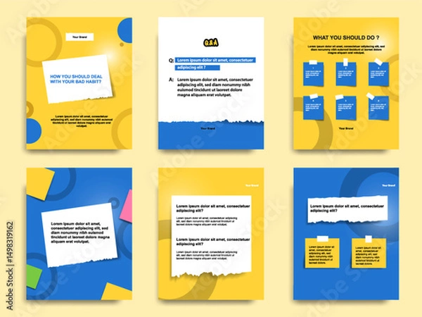 Fototapeta Social media tutorial, tips, trick, did you know post banner layout template set with sticky paper note clips design element