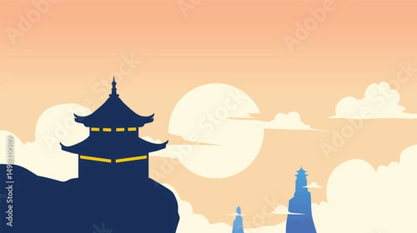 Obraz silhouette of a temple on a cliff with clouds and sunset, natural landscape background concept