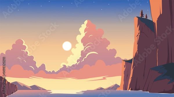 Obraz Peaceful Sunset Scenery Featuring Sea, Cliffs and Clouds, nature background in flat style